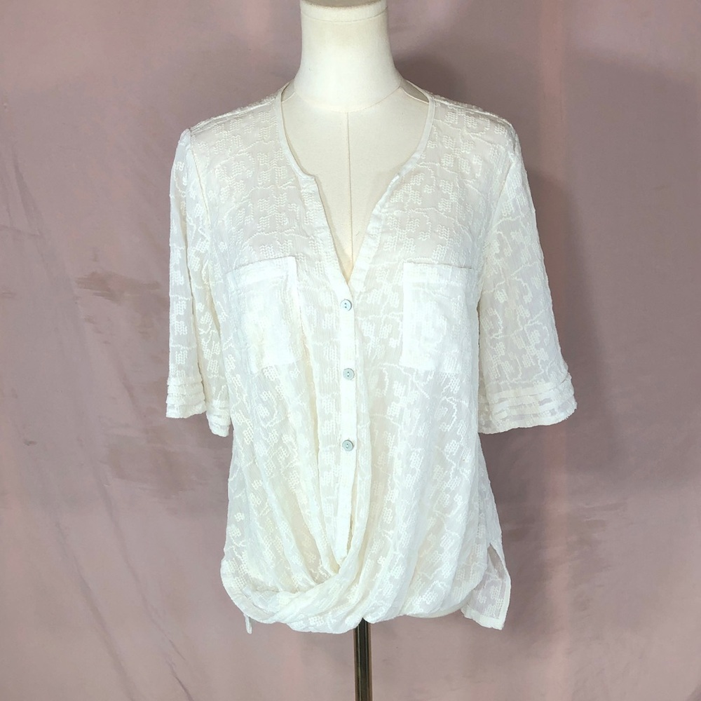 Sheer White Women's Blouse with Rare Bandeau Twist Hem Size Small Medium